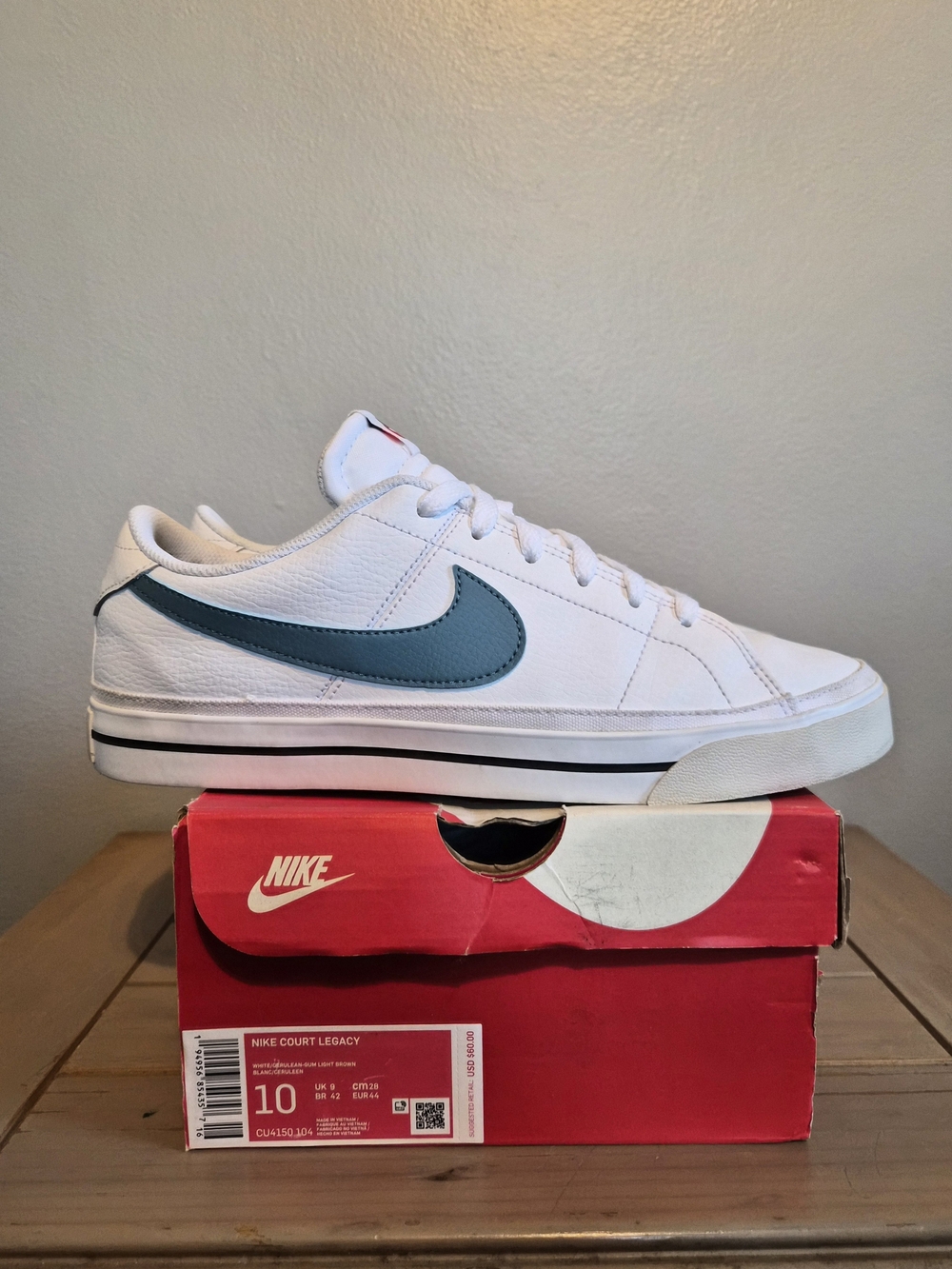 Nike Men’s White Court Legacy Sneakers with Teal Swoosh